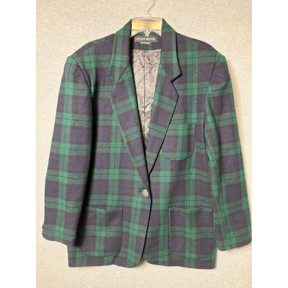 DONNYBROOK Plaid Blazer Jacket Navy Green Wool Blend Single Button Classic Style